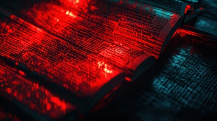 Red-lit books, data analysis, dark background, research