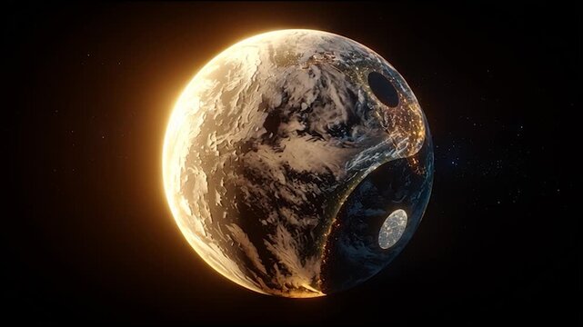 A glowing Earth in space features a prominent yin-yang symbol blending night and day across its surface.