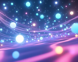 Sci-Fi Neon Particle Field with Data Flow Lines for Big Data Visualization Design, Glowing Data Wave Lines and Floating Particles in Sci-Fi Metaverse Background, perfect for AI, with blur