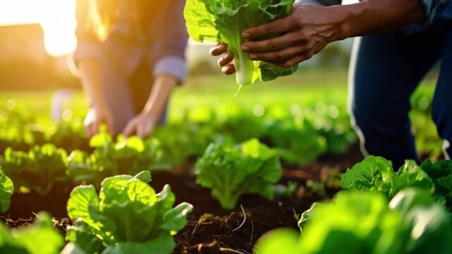 A cinematic close-up video of a farmer&rsquo;s hand carefully picking fresh green lettuce from the soil in a lush farm at sunrise, with dramatic lighting capturing the textures and details vividly