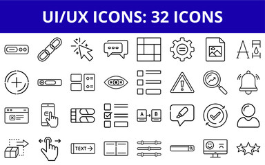 Fototapeta premium UI/UX icons set featuring 32 different designs in outline style 