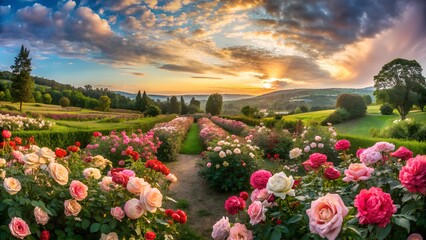 Vibrant rose garden pathway under a dramatic sunset sky