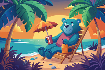 Blue bear relaxing on beach chair under umbrella with drinks at sunset vacation relaxation