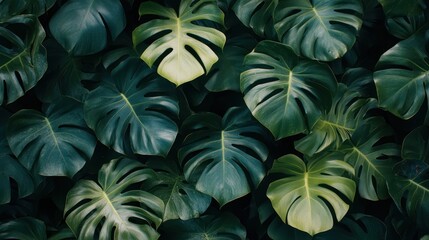 Lush tropical monstera leaves, close-up, dark background, botanical wallpaper