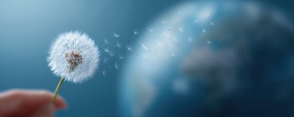 A Dandelion seed head being blown with the world in the background, representing dreams, wishes and travel. The image is in soft focus with a shallow depth of field. 