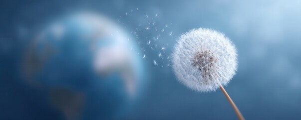 Obraz premium A dandelion releasing seeds, with the world in the background. It captures a sense of hope, new beginnings, and the interconnectedness of nature