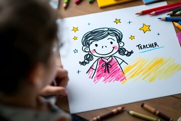 Childs Drawing Picture of Teacher in Class Art Project Education