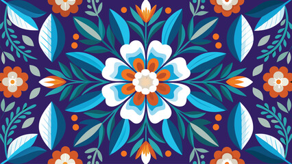 Geometric floral pattern with white blue orange flowers and leaves on dark purple