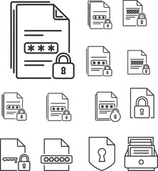 Document Security and Password Protection Icons Set - Outline Style