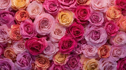 Obraz premium Pink rose wall flat lay: highly detailed floral composition with soft hues for beauty packaging, wedding invitations and feminine designs