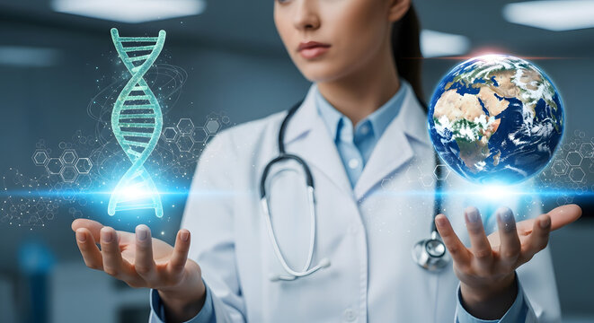 A doctor levitates a DNA strand and a globe, symbolizing global health and genetic research.
