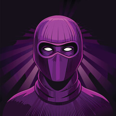 Purple masked figure with glowing white eyes and radiating background person