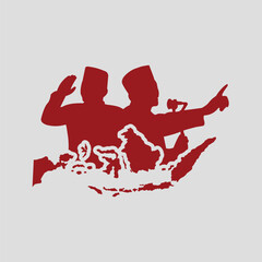 A red silhouette of Indonesian leaders Sukarno and Hatta over a map of the archipelago.