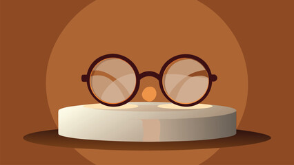 Round eyeglasses with dark brown frames displayed on a light pedestal spectacles