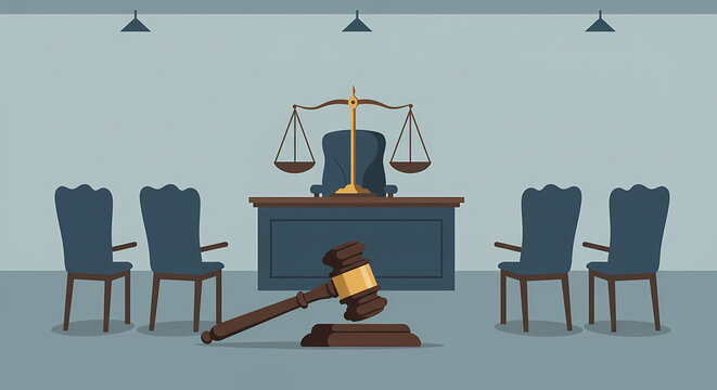 Courtroom interior with judge's desk, scales of justice, and a gavel, a concept illustration for the legal system and judiciary