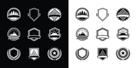 Vintage badge and emblem set in black and white with blank banners, mountain icons, laurel wreaths, star symbols, and shield shapes
