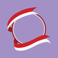 A red and white ribbon, representing the Indonesian flag, elegantly wraps around a circular frame on a purple background.