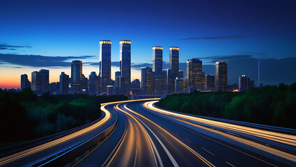 Obraz premium Vibrant Cityscape Illuminated by Twilight and Streaking Headlights