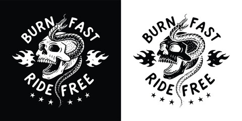 Fototapeta premium Aggressive skull with coiled snake, flames, and “Burn Fast Ride Free” slogan in bold tattoo style for biker t shirt design