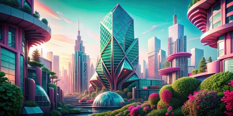 Geometric Botanical Cityscape: Urban Nature, Green Pink Architecture, Rule of Thirds Photography