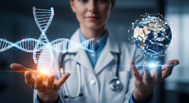 A doctor holds a DNA strand and a digital globe, symbolizing global health advancements.