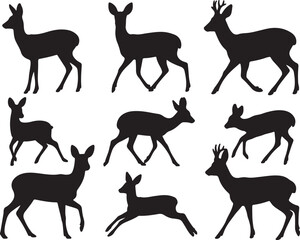 Black deer silhouettes various poses graceful movement white animal