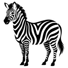 Stylized black and white illustration of a zebra standing profile on a white background