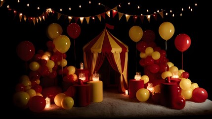Festive circus-themed party setup with balloons and lights.