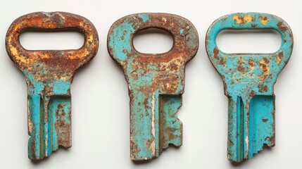 Three rusty turquoise keys studio shot, white background, antique, security concept