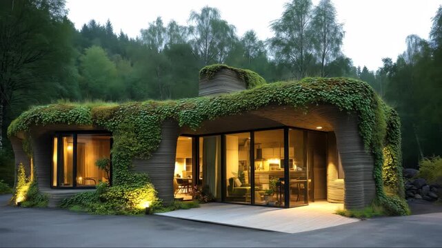Unique modern home surrounded by lush greenery at twilight highlights architectural innovation and nature integration