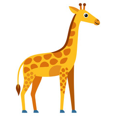 Fototapeta premium Cute cartoon giraffe with brown spots and yellow body standing on white background