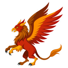 Fototapeta premium Fierce griffin with red and orange wings standing on white background