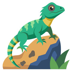 A vibrant green lizard with yellow markings perched on a textured rock with green foliage