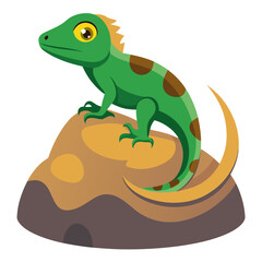 Cartoon green lizard with brown spots sitting on a textured rock with a white background