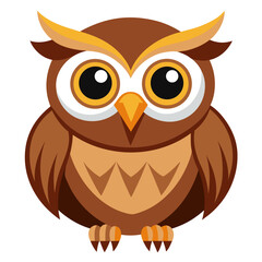Cute cartoon brown owl with big yellow eyes and orange beak isolated on white background