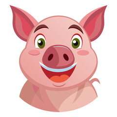 Happy cartoon pig face with big smile and green eyes
