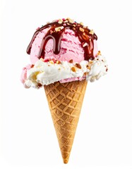 A pink ice cream scoop topped with chocolate syrup and sprinkles, served in a waffle cone with whipped cream and more sprinkles.