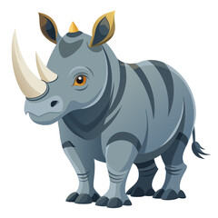Cartoon rhinoceros standing with a large horn and grey skin with dark stripes