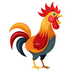 Cartoon rooster crowing loudly with bright feathers and a red comb