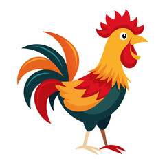 A vibrant cartoon rooster with colorful feathers and a proud stance