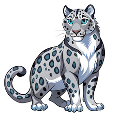 Cute cartoon snow leopard with striking blue eyes and spotted fur sitting gracefully