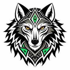 Tribal wolf head with green gemstone and intricate patterns
