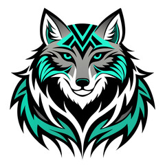 Stylized wolf head with tribal patterns and teal accents