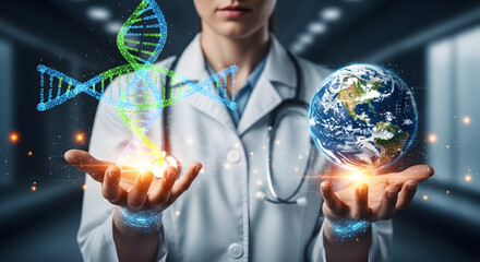 A doctor in a lab coat holds a glowing DNA helix and a holographic Earth, symbolizing the future of global genetic medicine and healthcare.