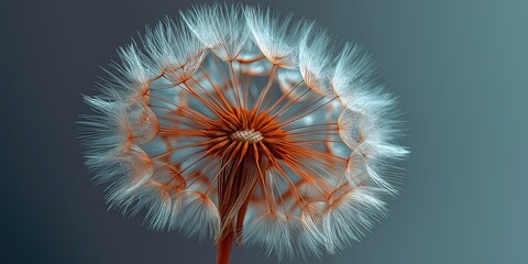 Macro close-up of a dandelion seed head with delicate hair structures on blue background, showcasing ethereal soft focus and warm orange-cool grey tonal contrast for nature-themed designs