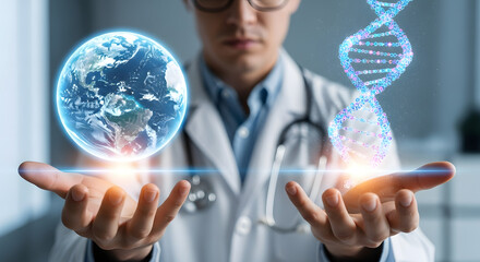 A doctor holds a glowing holographic Earth and a DNA double helix, symbolizing global health, genetics, and medical innovation.
