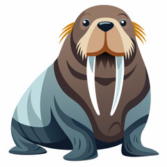Friendly cartoon walrus with large tusks and blue flippers on a white background