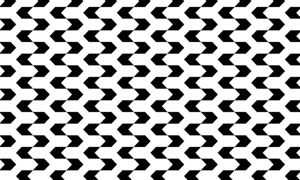 Seamless geometric pattern with interlocking black arrow or chevron shapes. A monochrome abstract vector background.