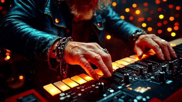 Musician creating captivating synth melodies on a modern glowing synthesizer