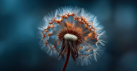 Stunning dandelion with delicate seed head against dark blue background, showcasing ethereal beauty and contrast for nature-inspired designs